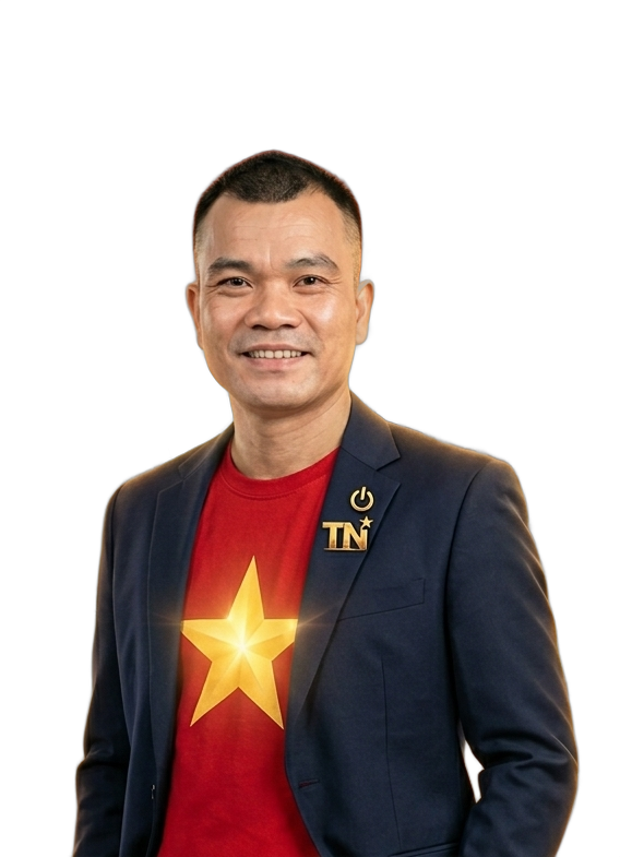 Thanh Ngọc mặc vest xanh, áo đỏ in logo TN, cười tươi